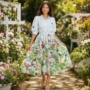 Retro Stage Floral Butterfly Maxi Dress Womens S‎ Blue Polyester Garden Retro